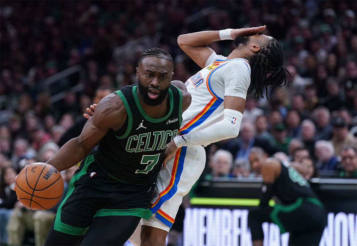 Boston Celtics Guard Jailen Brown (7) drives the ball against Oklahoma City Thunder Guard Isaiah Joe (11) in the second quarter in the TD garden.