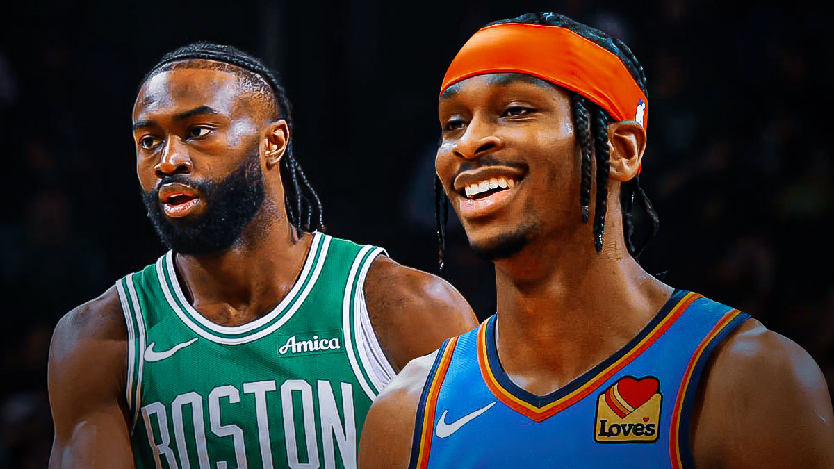 Thunger guard Shai Gilgeous-Alexander smiling on a Boston city/TD Garden background next to a somewhat serious te Celtics' Jaylen Brown