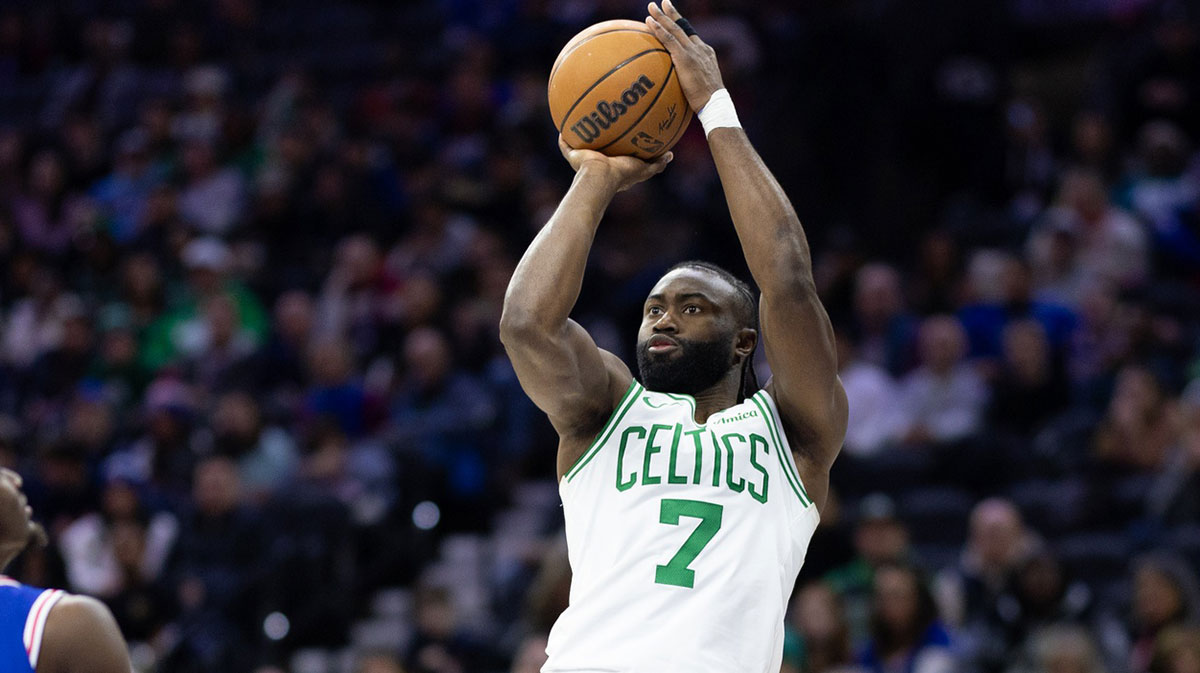 Boston Celtics guard Jaylen Brown (7) shoots the ball against the Philadelphia 76ers during the second quarter at Wells Fargo Center.