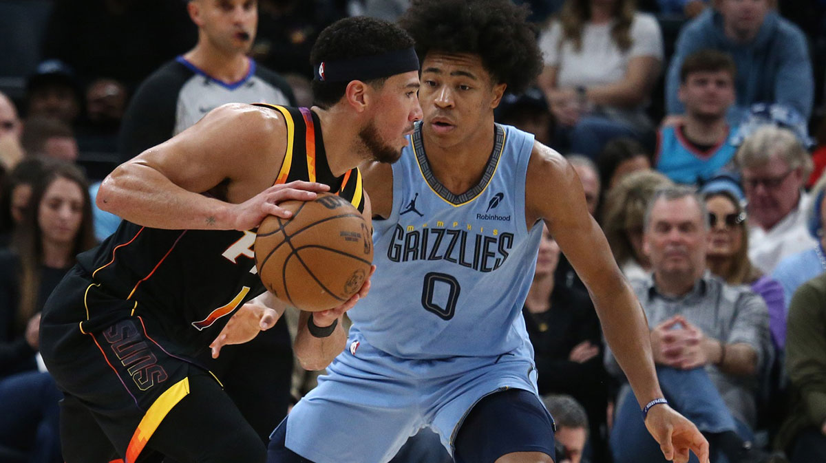 Phoenix Suns guard Devin Booker (1) dribbles as Memphis Grizzlies forward Jaylen Wells (0) defends during the second quarter at FedExForum.