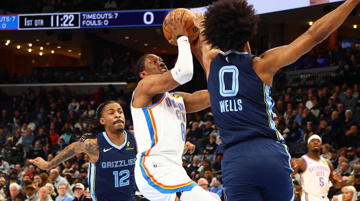 Oklahoma City Thunder forward Jalen Williams (8) drives to the basket between Memphis Grizzlies guard Ja Morant (12) and forward Jaylen Wells (0) during the first quarter at FedExForum.