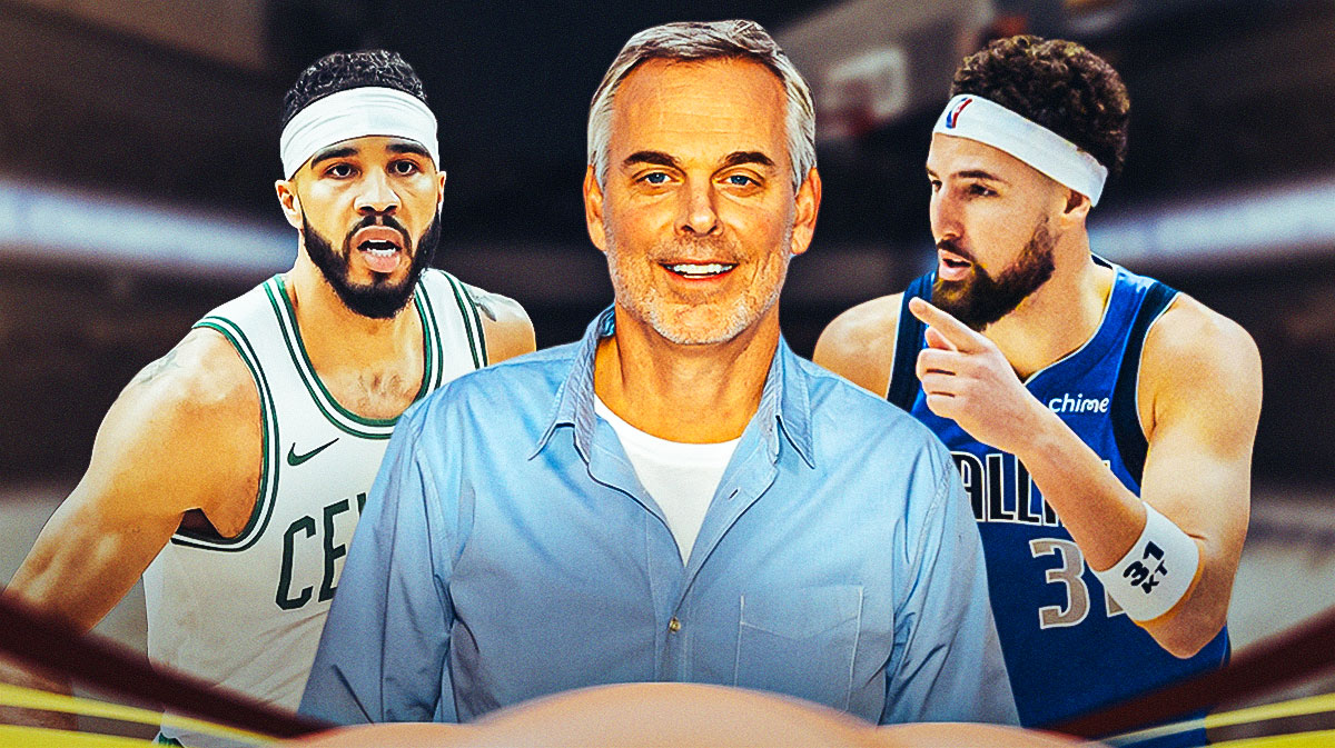 Colin Cowherd in the middle with Boston Celtics star Jayson Tatum and Klay Thompson on either side in front of TD Garden.