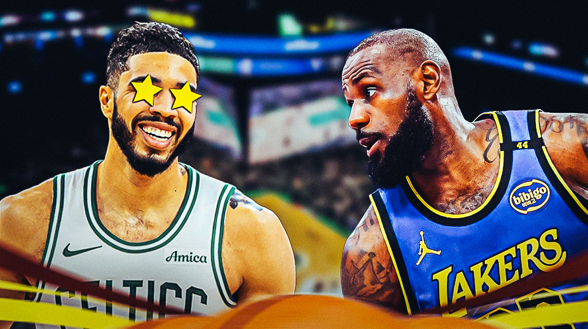 Jayson Tatum on one side with stars in his eyes, LeBron James on the other side