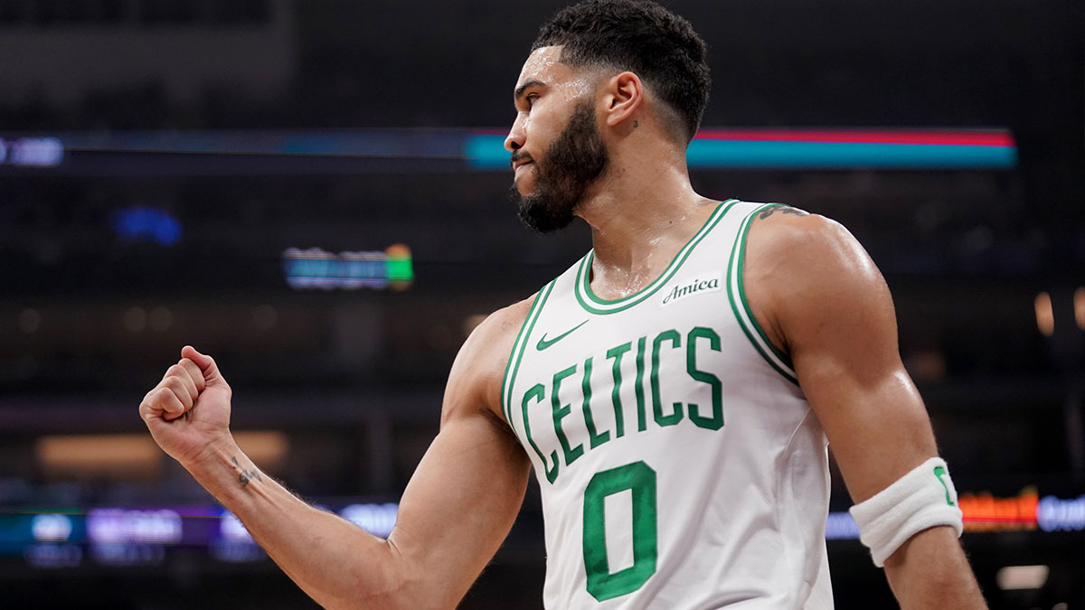 Boston Celtics forward Jayson Tatum (0) pumps his fist after the Celtics made a basket at the end of the first quarter against the Sacramento Kings at the Golden 1 Center. 