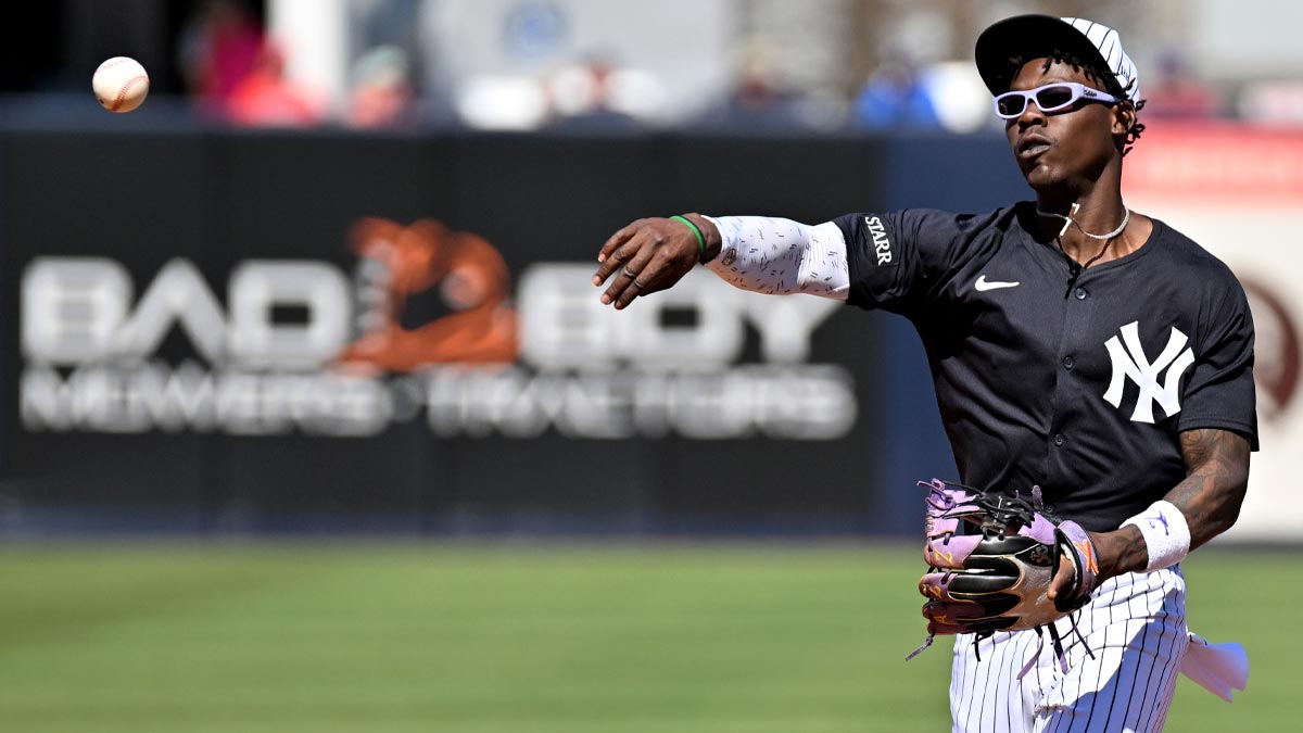 26. February 2025; Tampa, Florida, USA; New York Yankees Other Baseman Jazz Chisholm Jr. (13) sheds the first base in the third inning against St. Louis Cardinal During Spring Training at the George M. Steinbrenner.