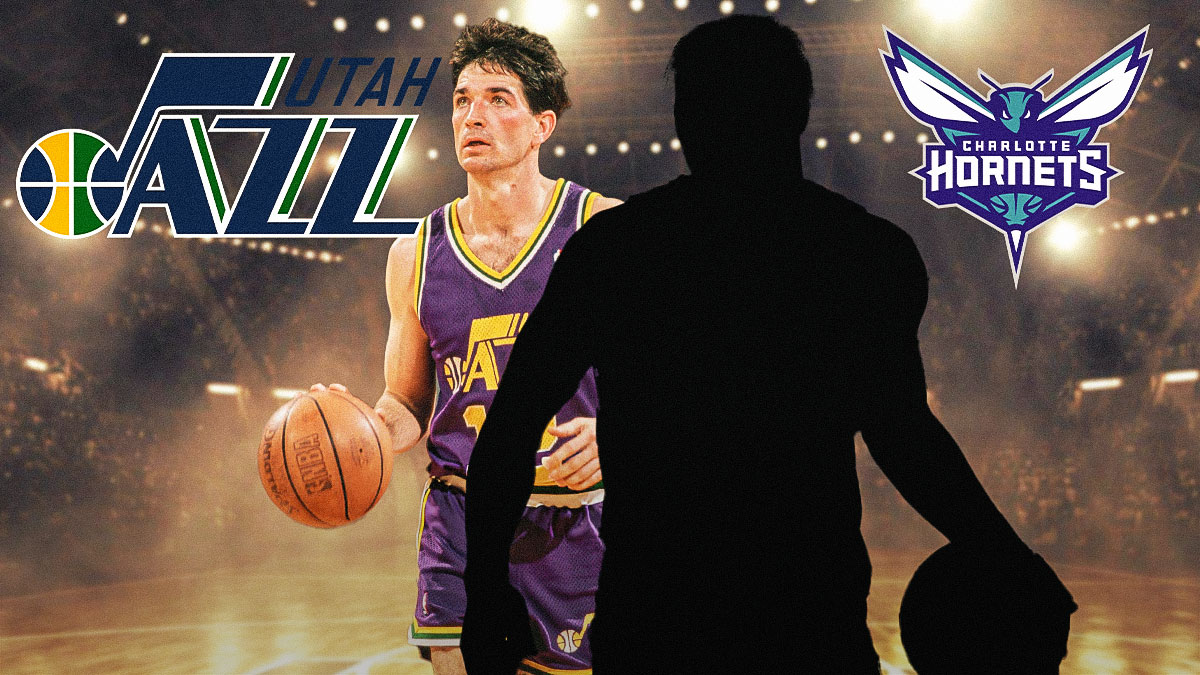 Silhouette of Isaiah Collier, John Stockton, Utah Jazz and Charlotte Hornets logos, fire symbols