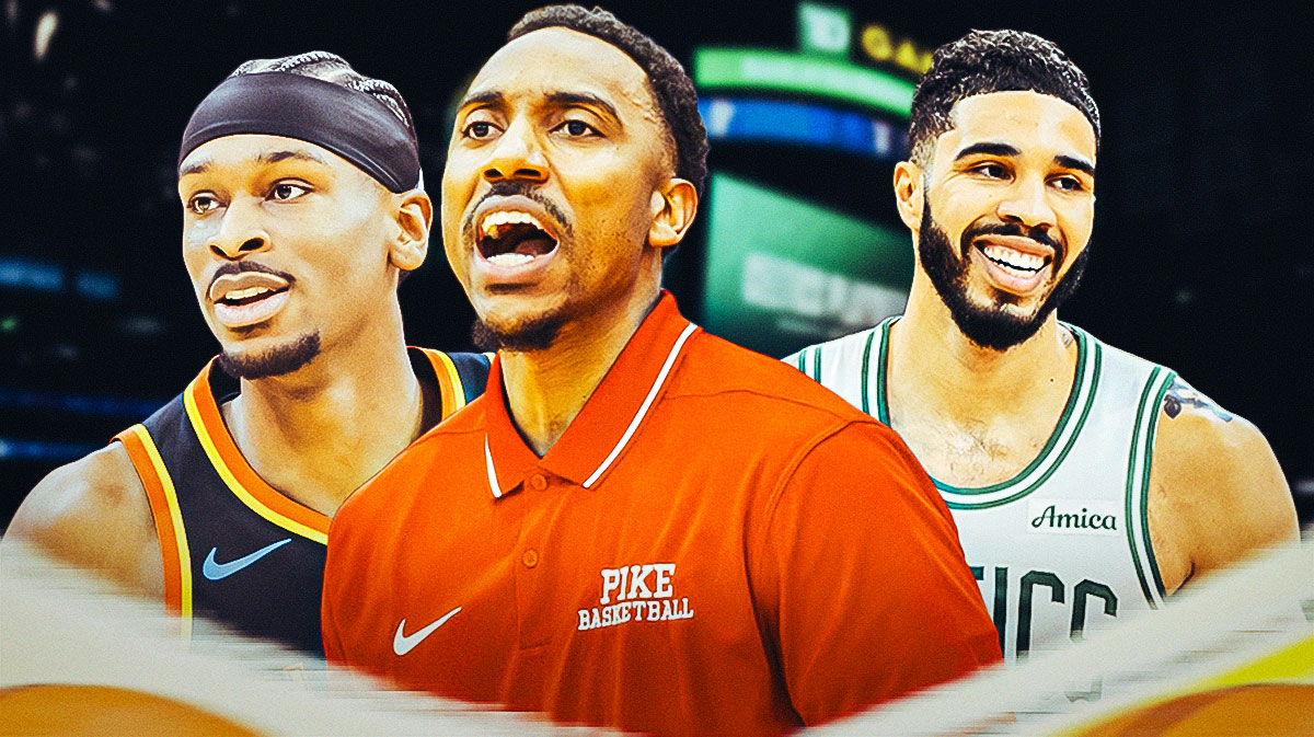 Jeff Teague in the middle of Jayson Tatum and Shai Gilgeous-Alexander.