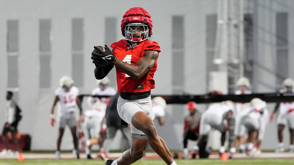 Ohio State Buckeyes wide receiver Jeremiah Smith (4) catches a ball during spring football practice at the Woody Hayes Athletic Center on March 17, 2025.