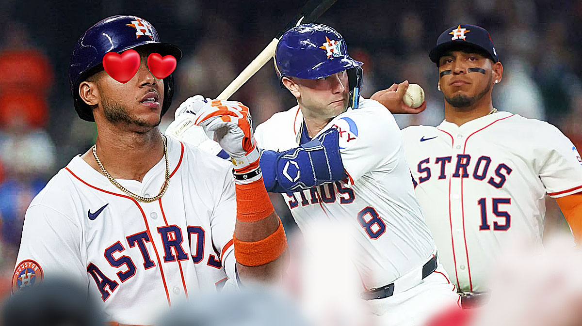 Jeremy Pena in a Houston Astros uniform with hearts in his eyes looking at Christian Walker and Isaac Paredes in Astros uniforms.