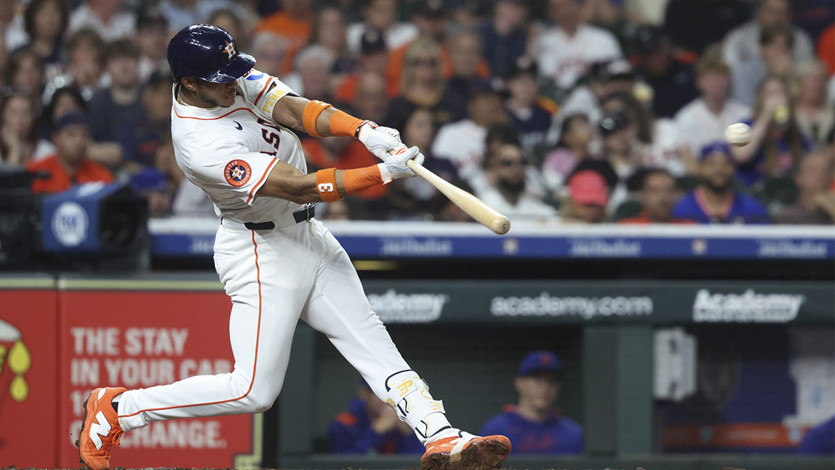 Mar 29, 2025; Houston, Texas, USA; Houston Astros shortstop Jeremy Pena (3) hits a home run during the fifth inning against the New York Mets at Daikin Park.
