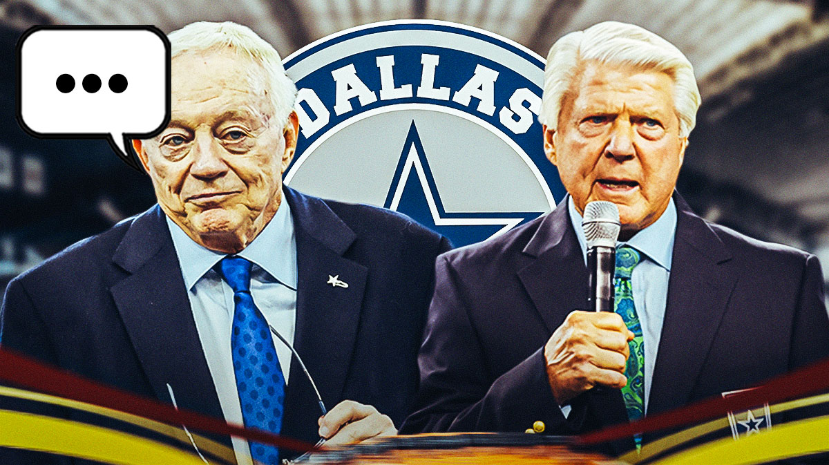 Dallas Cowboys owner Jerry Jones with a speech bubble that has the three dots emoji inside. He is next to former Cowboys coach Jimmy Johnson. There is also a logo for the Dallas Cowboys.