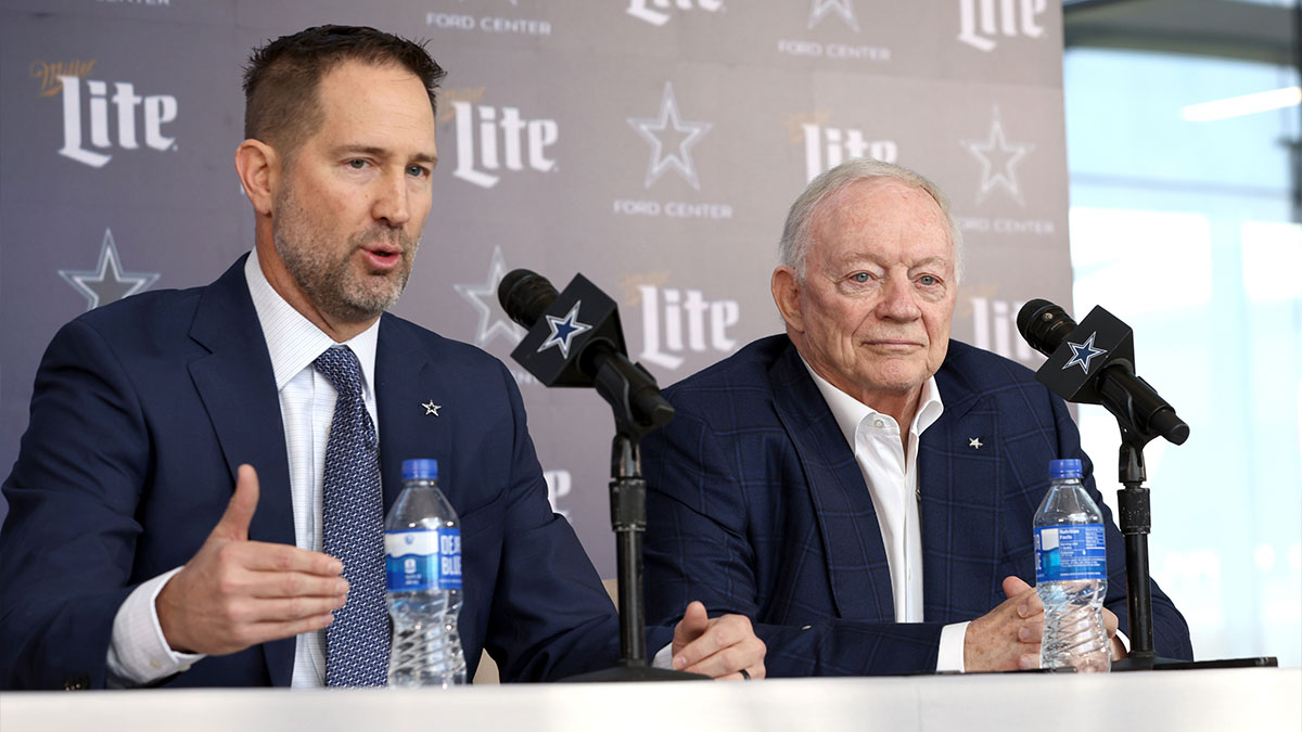 Dallas Cowboys Head Coach Brian Schottenheimer and owner Jerry Jones speak to the media at a press conference at the Star.