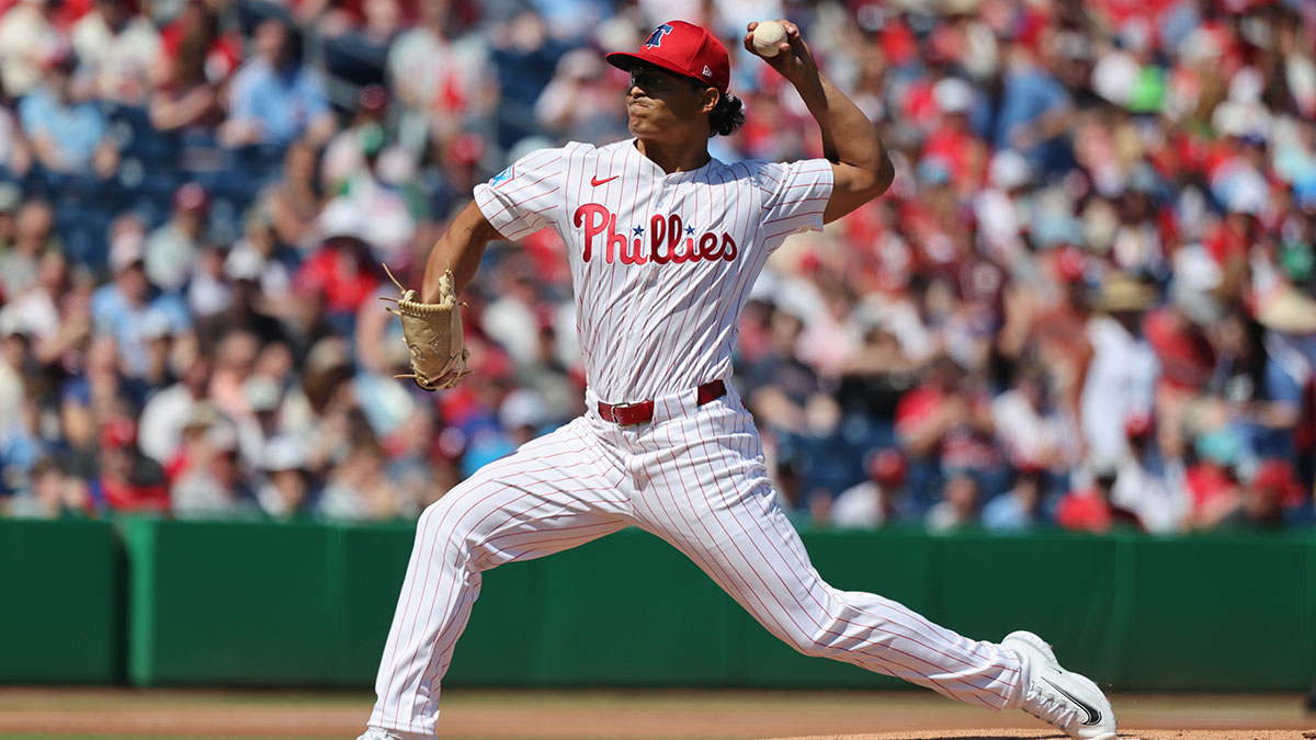 Feb 28, 2025; Clearwater, Florida, USA; Philadelphia Phillies starting pitcher Jesus Luzardo (44) throws a pitch during the first inning against the Boston Red Sox at BayCare Ballpark.