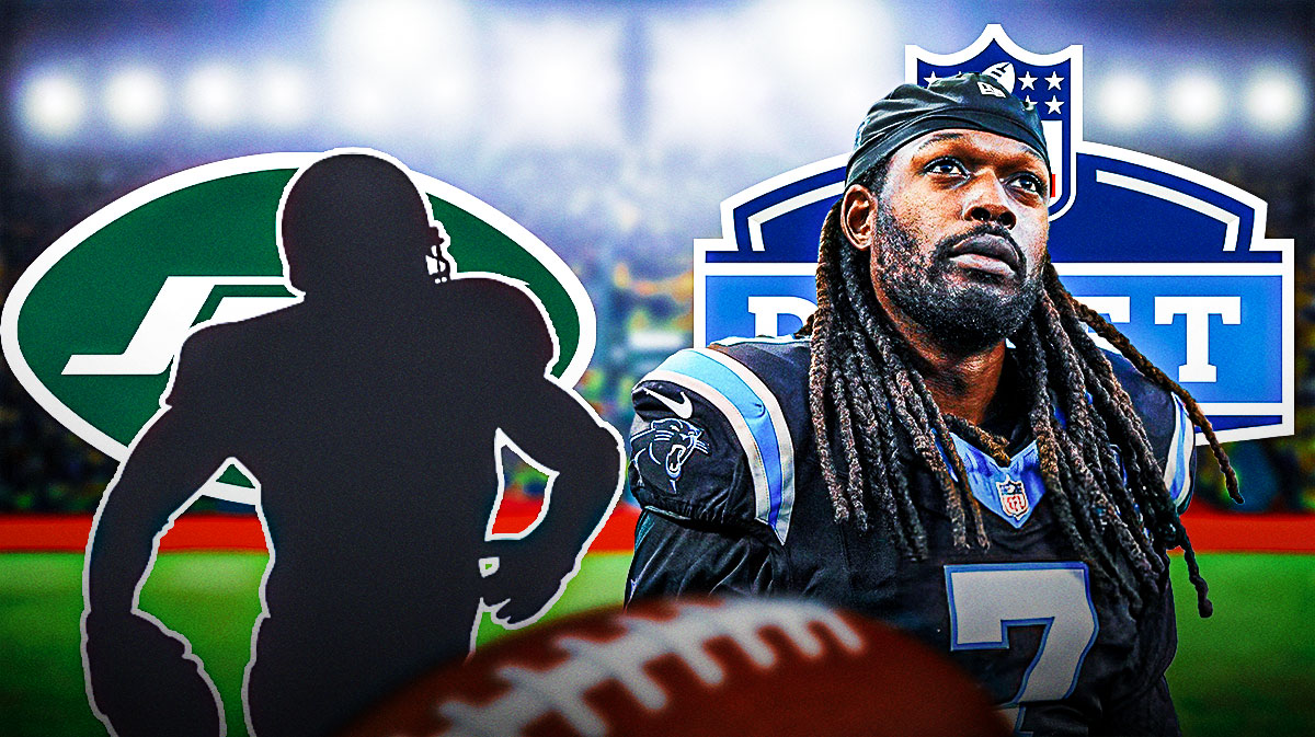 Silhouette of Shemar Stewart, Jadeveon Clowney, NY Jets and NFL Draft logos