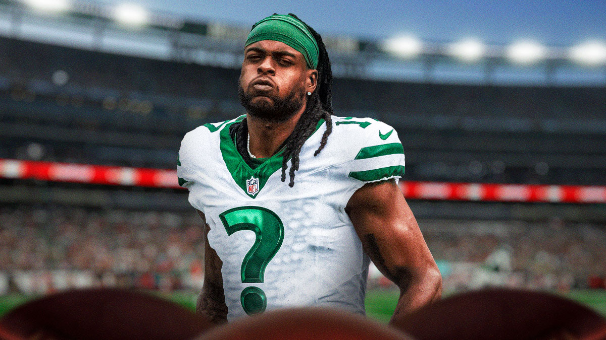Jets WR Davante Adams with question mark on his uniform