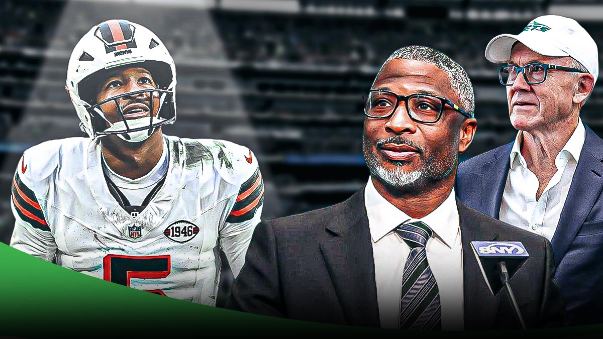 Jets owner Woody Johnson and HC Aaron Glenn looking at free agent QB Jameis Winston with spotlight over him. Background is MetLife Stadium.