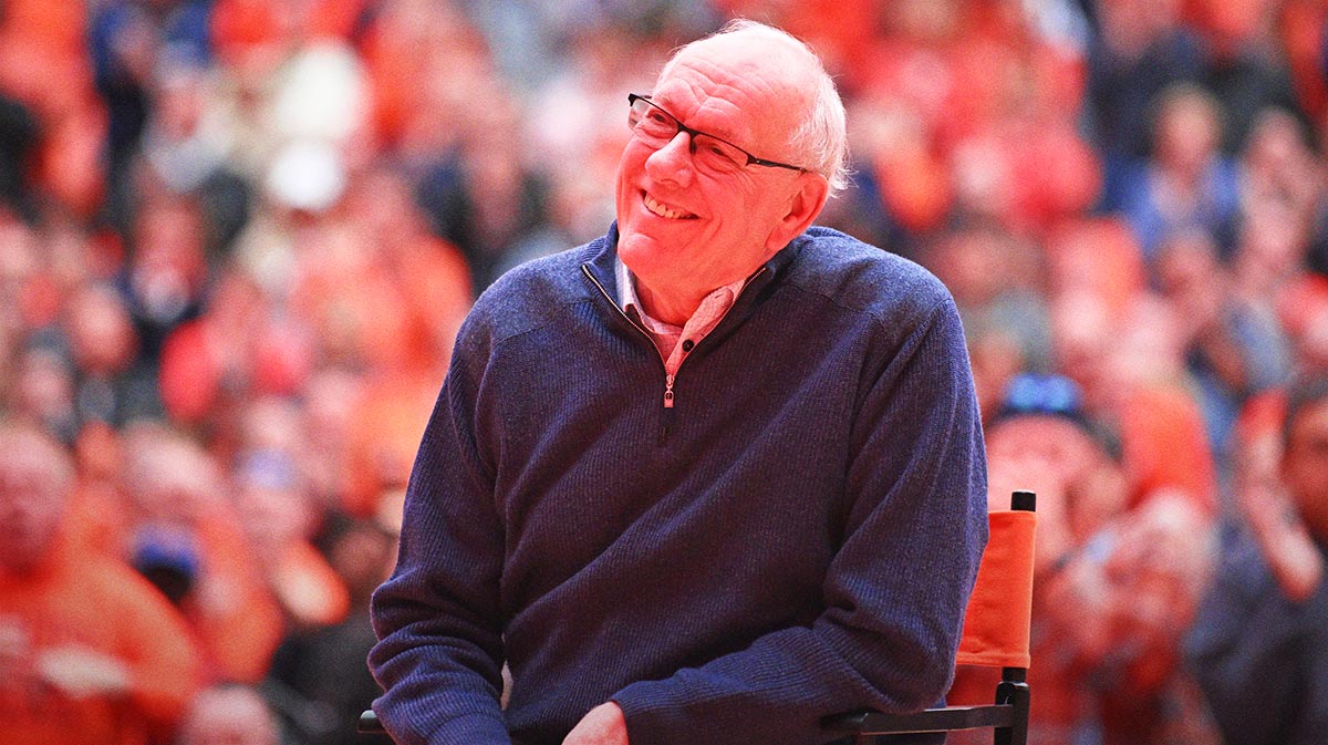 Former Syracuse Orange head coach Jim Boeheim watches a ceremony to honor him after a game against the Notre Dame Fighting Irish at the JMA Wireless Dome.