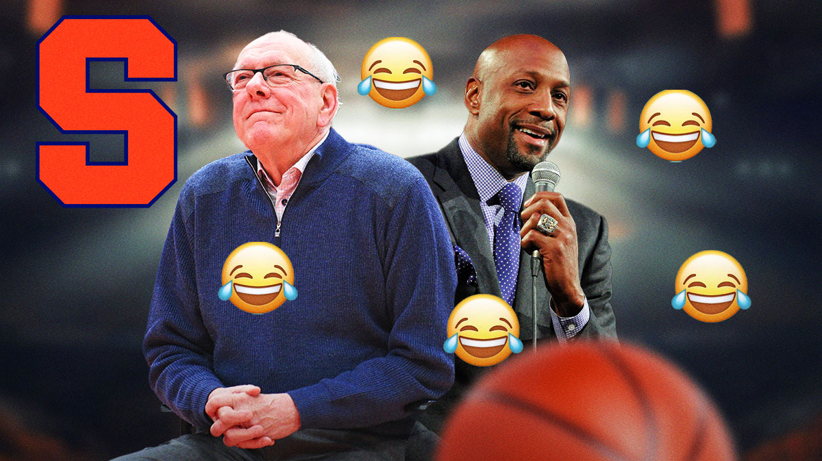 Jim Boeheim and Alonzo Mourning, Syracuse logo, laughing symbols