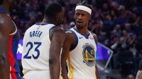 Golden State Warriors forward Jimmy Butler III (10) celebrates with forward Draymond Green (23) in the second quarter at Chase Center.
