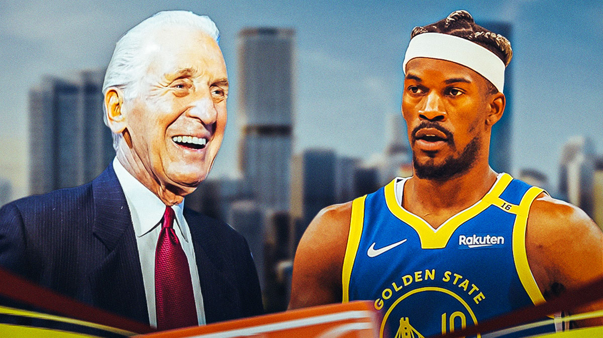 Warriors forward Jimmy Butler next to Heat president Pat Riley with the Miami Skyline in the background