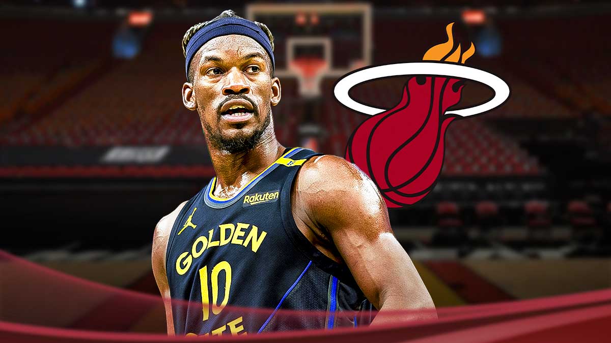Warriors' Jimmy Butler, Heat, Kaseya Center in back
