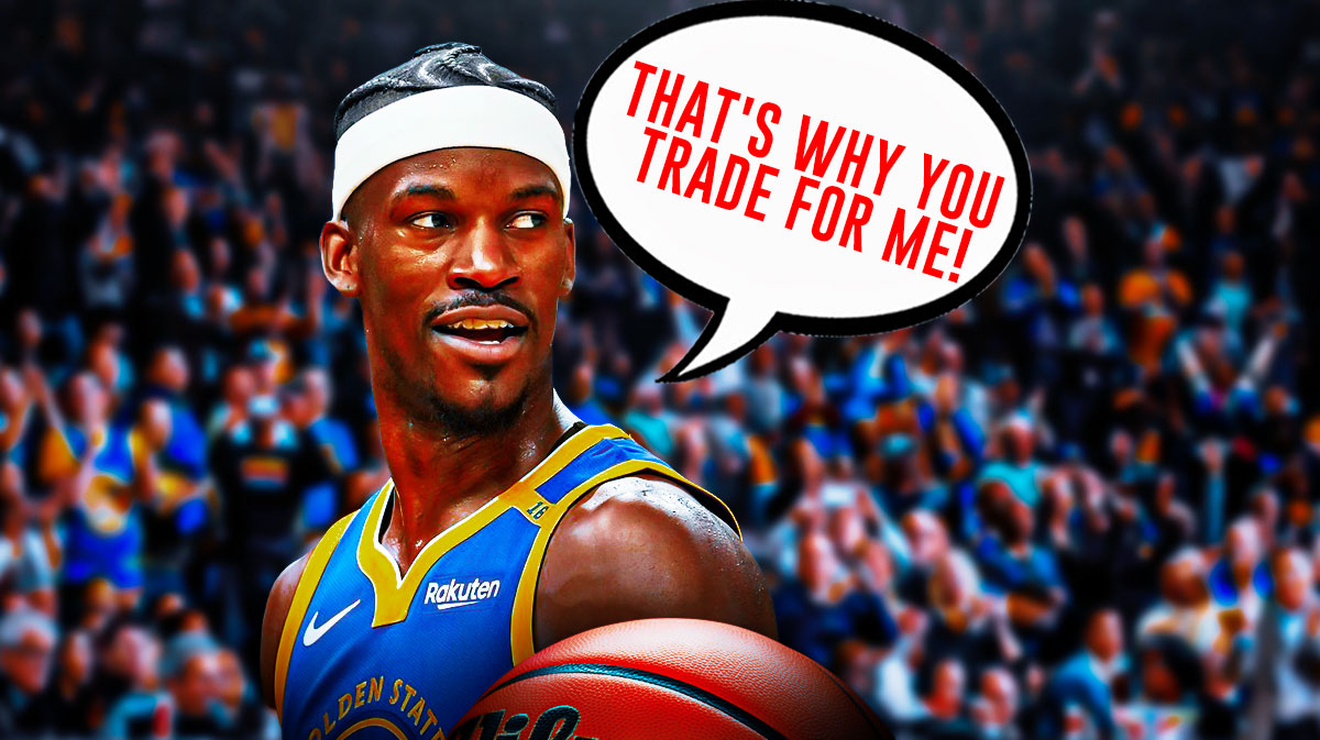 Warriors' Jimmy Butler hyped up, with speech bubble: "THAT'S WHY YOU TRADE FOR ME!"