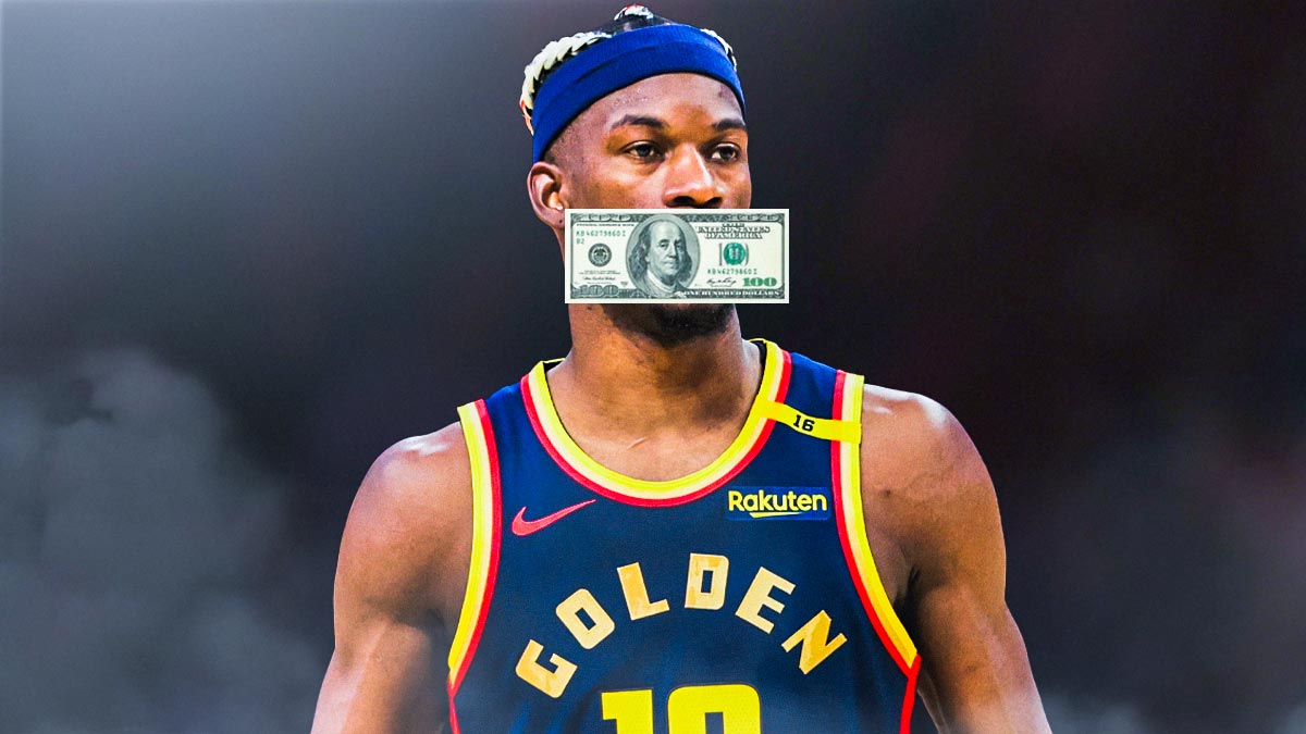 Warriors Jimmy Butler with a $100 bill over his mouth