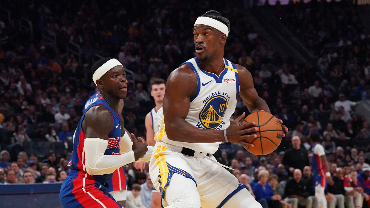 Golden State Warriors forward Jimmy Butler III (10) drives against Detroit Pistons guard Dennis Schroder (71) in the second quarter at Chase Center.