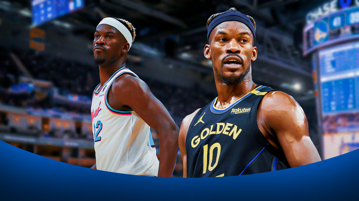 Golden State Warriors star Jimmy Butler next to himself in a Heat uniform in front of Kaseya Center.