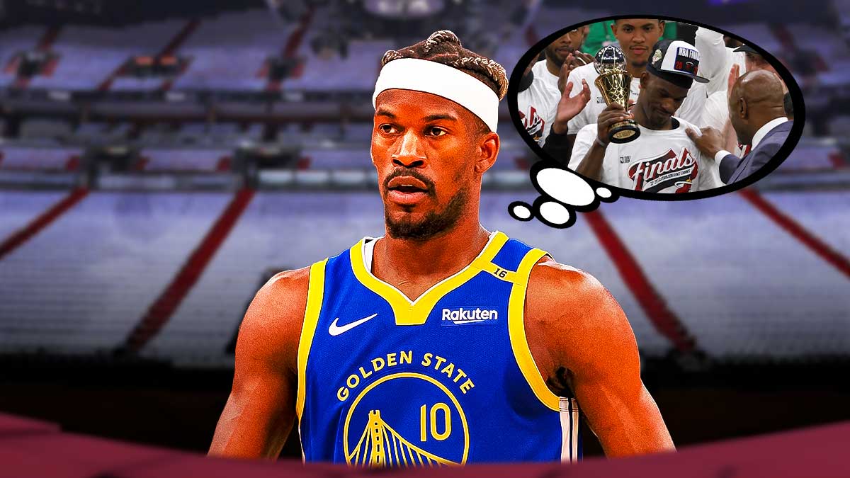 Warriors' Jimmy Butler smiling, with thought bubble of him containing image of him hoisting the 2023 Eastern Conference Finals trophy