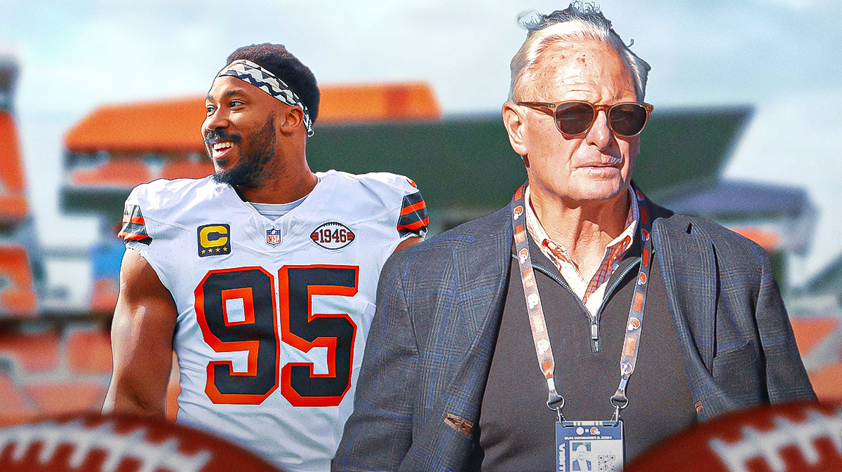 Browns owner Jimmy Haslam with Browns edge rusher Myles Garrett. There is also a logo for the Cleveland Browns.