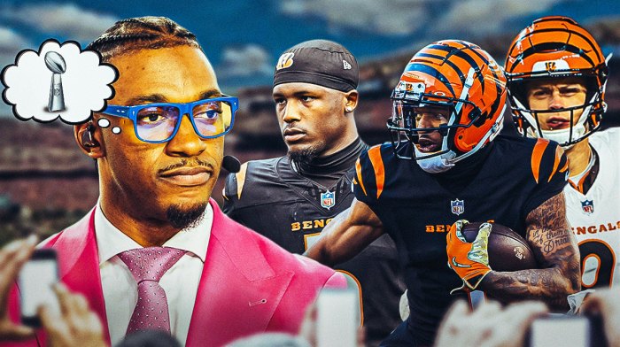 Robert Griffin III thinking of the Super Bowl trophy, with Bengals players Tee Higgins, Ja'Marr Chase, and Joe Burrow next to him.