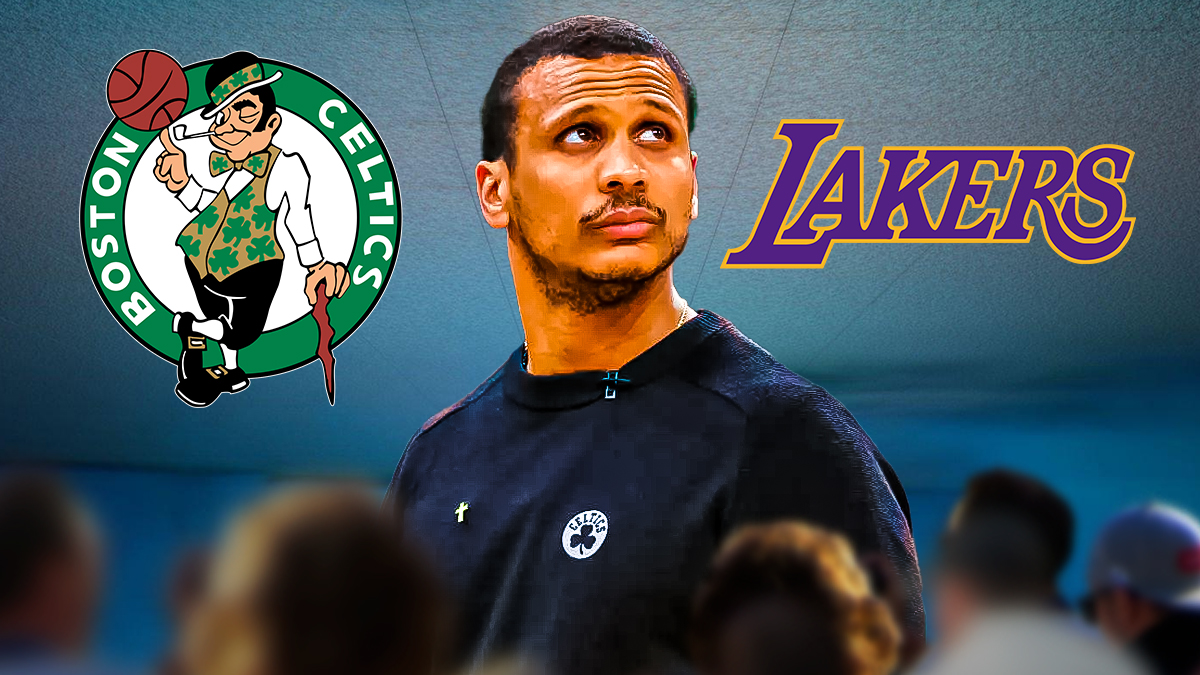 Joe Mazzulla, Celtics and Lakers logos, eyes symbols