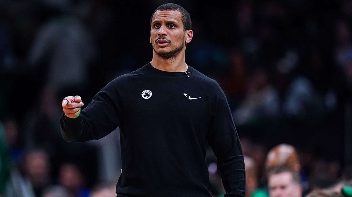 Boston Celtics head coach Joe Mazzulla watches from the sideline as they take on the Oklahoma City Thunder at TD Garden.