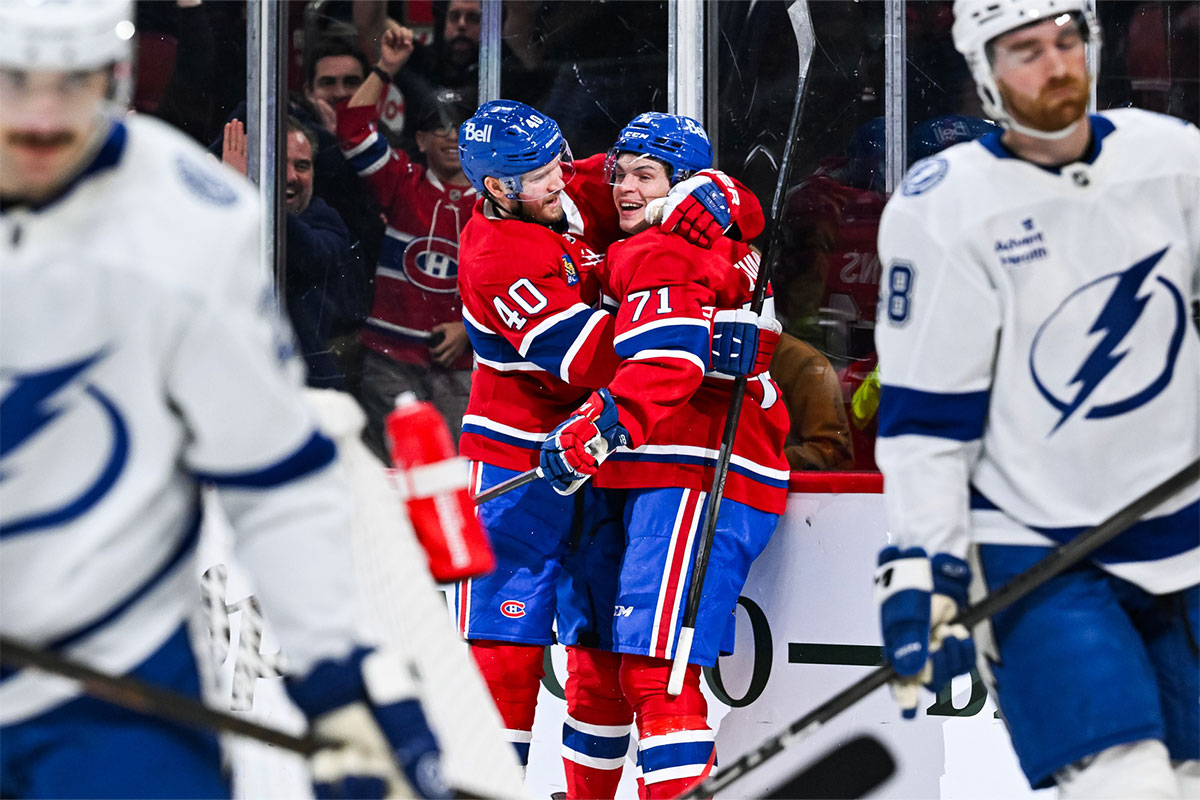  Montreal Canadiens center Jake Evans (71) celebrates with right wing Joel Armia (40) after his game winning goal during the third period against the Tampa Bay Lightning at Bell Centre.