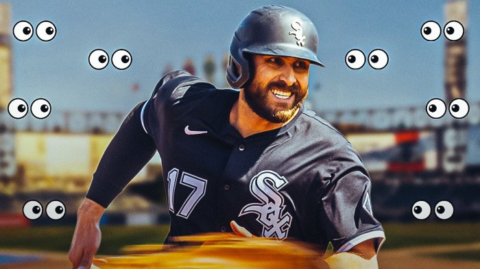 Joey Gallo in a white sox uniform with eyeball emojis all over.