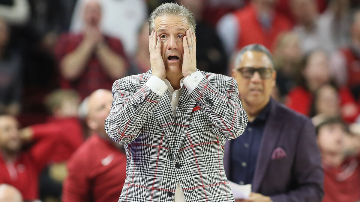 Arkansas Razorbacks here coach John Calipari reacts to a call in the second half during the game against the Mississippi State Bulldogs at Bud Walton Arena. Arkansas won 93-92.
