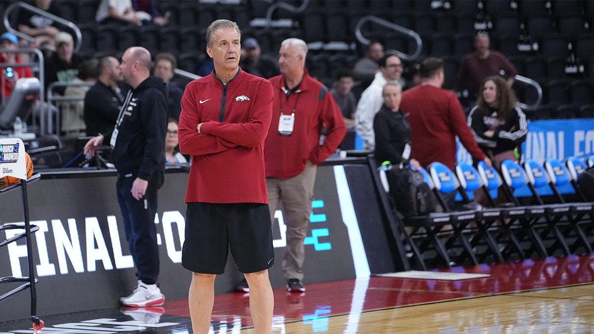 rkansas Razorbacks head coach John Calipari watches his team practice during the First Round Practice Session at Amica Mutual Pavilion. Mandatory Credit: Gregory Fisher-Imagn Images