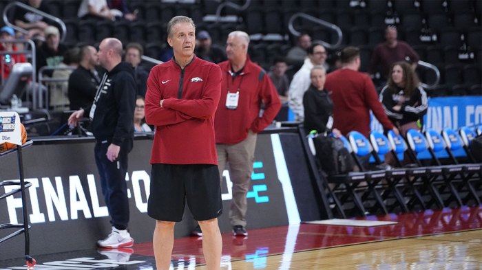 rkansas Razorbacks head coach John Calipari watches his team practice during the First Round Practice Session at Amica Mutual Pavilion. Mandatory Credit: Gregory Fisher-Imagn Images