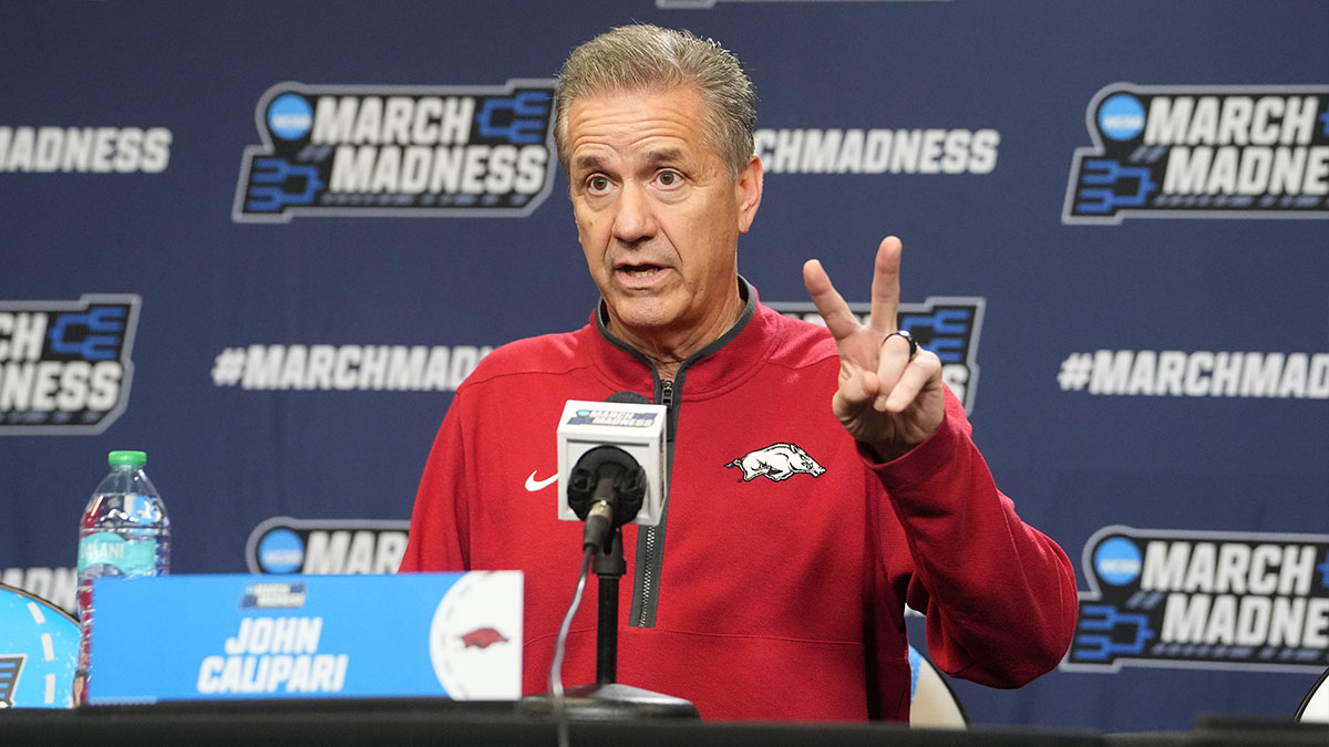 Arkansas Razorbacks head coach John Calipari answers question during the First Round Practice Session Press Conference at Amica Mutual Pavilion. Mandatory Credit: Gregory Fisher-Imagn Images