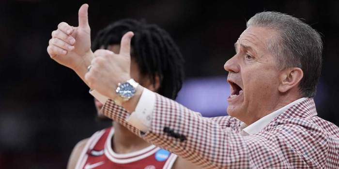 Arkansas Razorbacks head coach John Calipari during the first half of a second round men’s NCAA Tournament game against the St. John's Red Storm at Amica Mutual Pavilion. Mandatory Credit: Gregory Fisher-Imagn Images