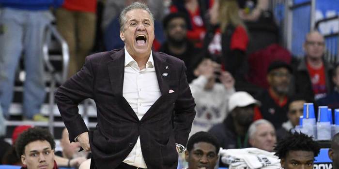 Arkansas Razorbacks head coach John Calipari reacts during the second half against the Kansas Jayhawks at Amica Mutual Pavilion. Mandatory Credit: Eric Canha-Imagn Images