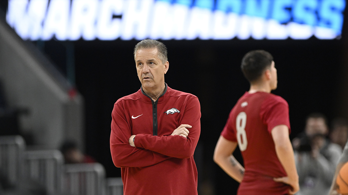 Arkansas Razorbacks head coach John Calipari watches during NCAA Tournament West Regional Practice at Chase Center.