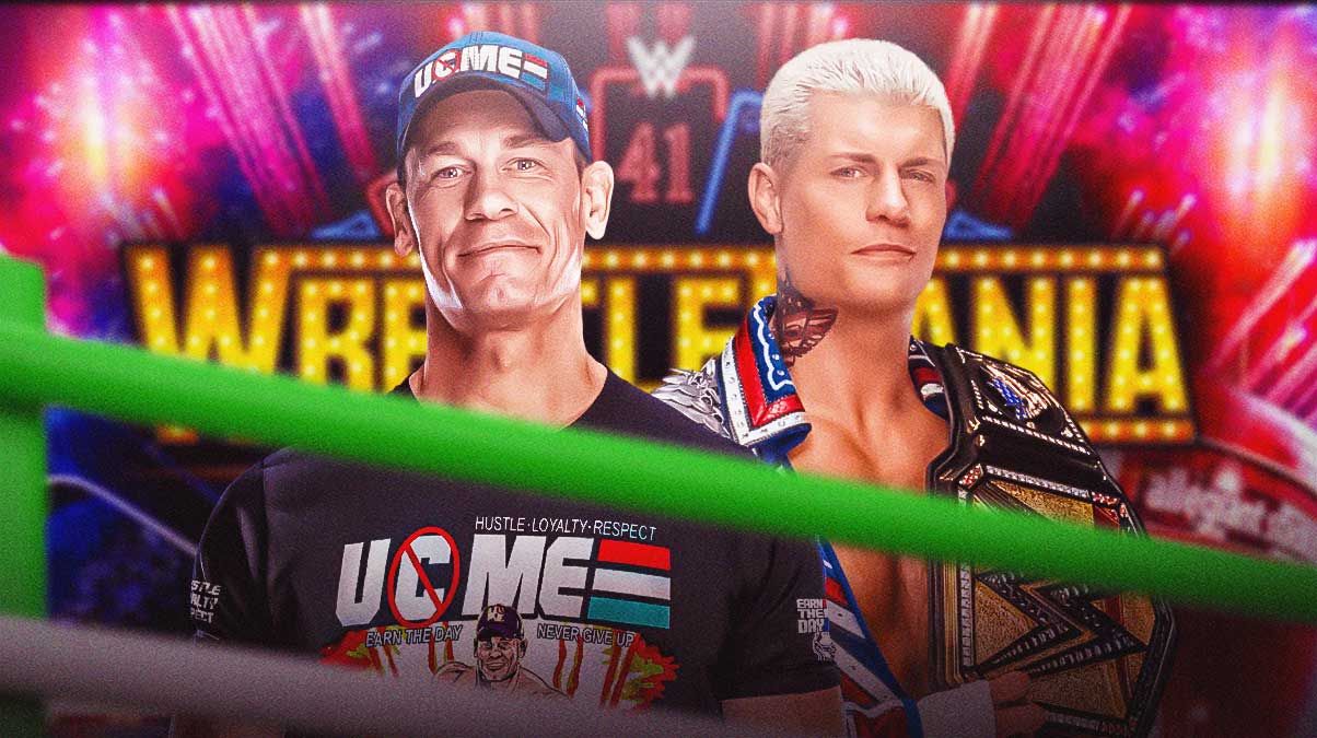 John Cena and Cody Rhodes in front of the WrestleMania 41 logo