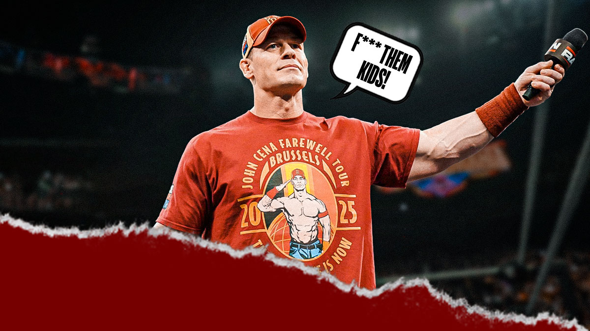 John Cena with a text bubble reading "F*** them kids!" in a WWE ring.