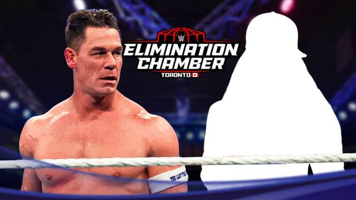 John Cena next to the blacked-out silhouette of Nikki Bella in front of the 2025 Elimination Chamber logo.