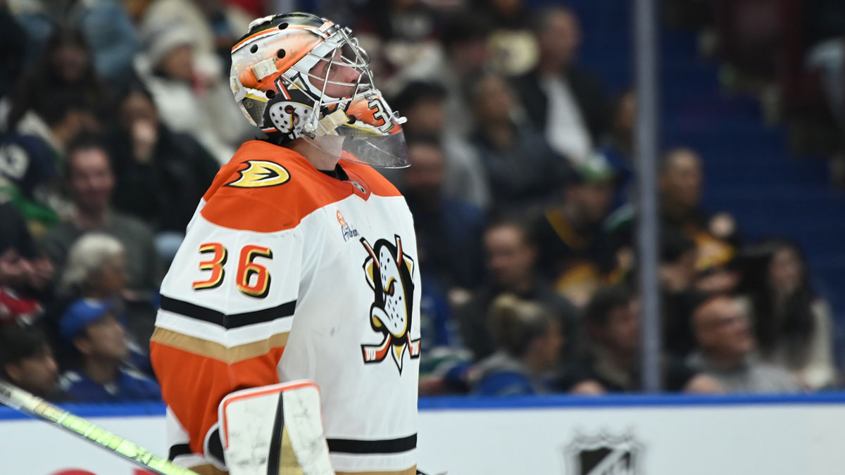 Anaheim Ducks goaltender John Gibson (36) looks on during the third period against the Vancouver Canucks at Rogers Arena.