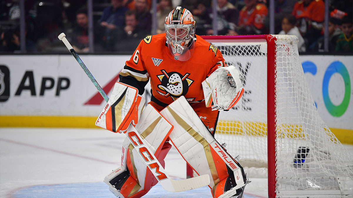 Anaheim Ducks goaltender John Gibson (36) defends the goal against the Chicago Blackhawks during the first period at Honda Center.