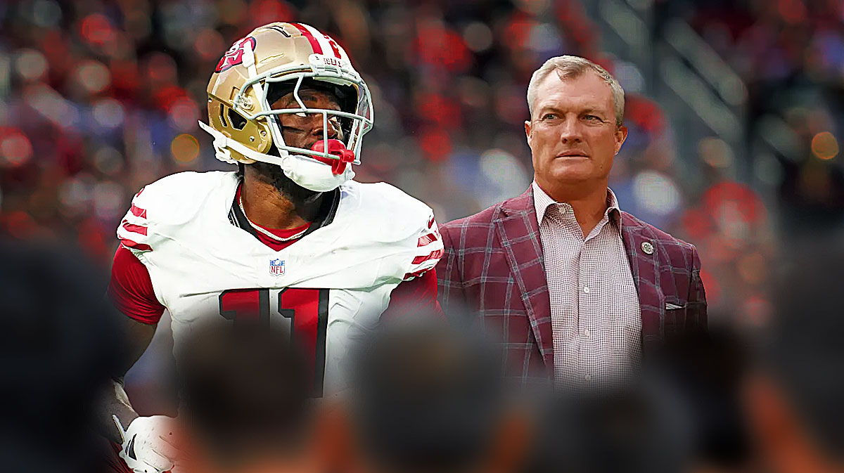 San Francisco 49ers wide receiver Brandon Aiyuk and 49ers general manager John Lynch