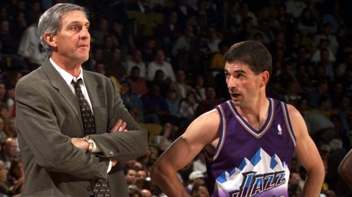 Utah head coach Jerry Sloan and guard John Stockton during Game 3 of the NBA Western Conference Finals against the Lakers at The Great Western Forum.